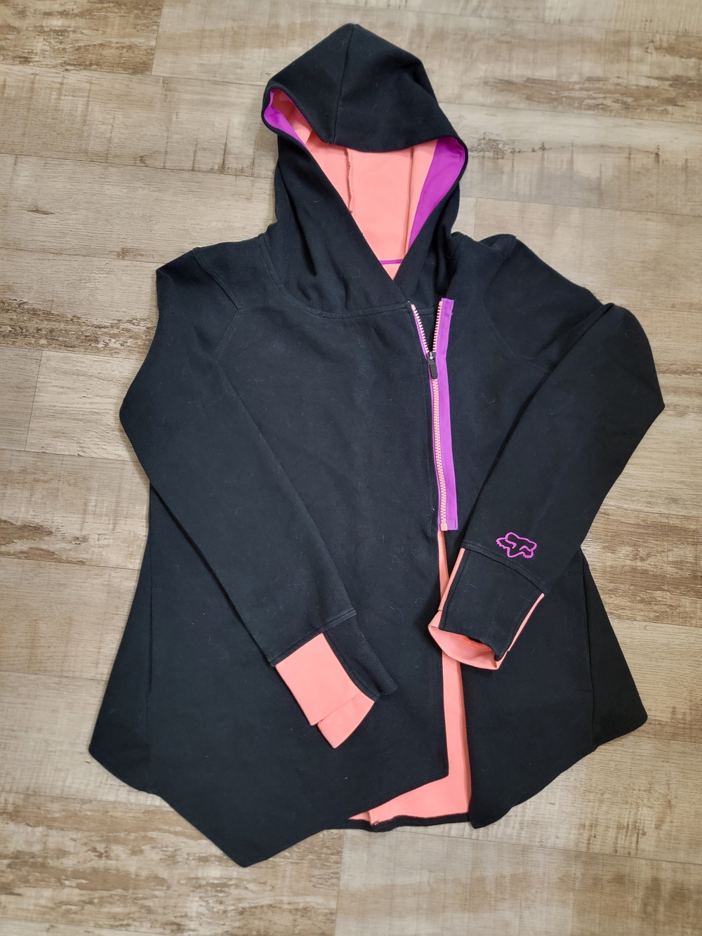Fox Black Hooded Utility Jacket with Coral-Pink Lining and Purple Trim